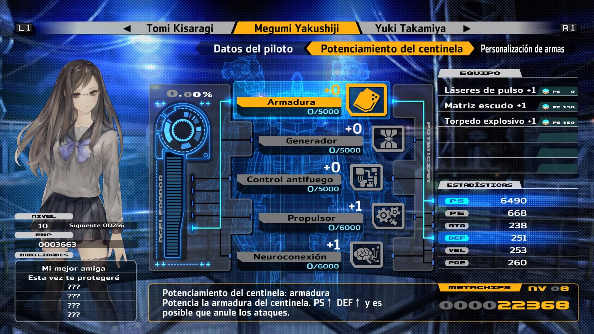 Menú de mejoras del Centinela